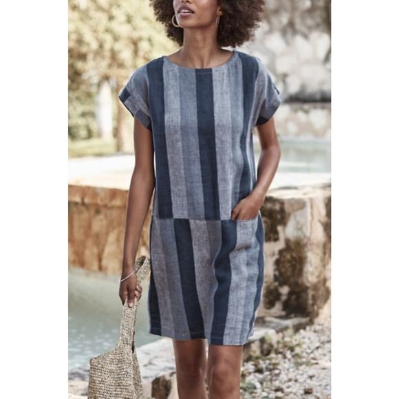 Garnet Hill Linen Meraki Popover Dress S Navy Gray Striped - Picture 1 of 7